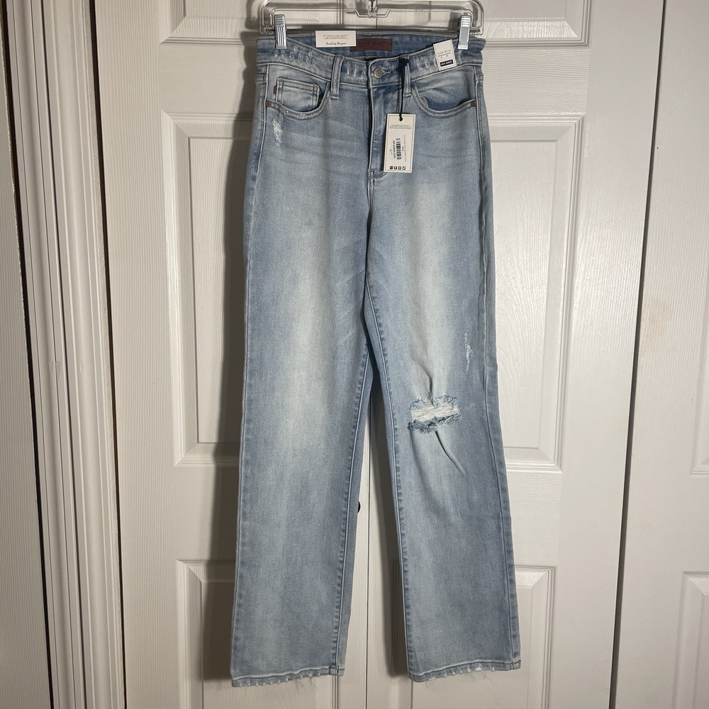 Judy Blue Straight Fit Jeans Women 3/26 Light Blue High Rise Distressed Ripped